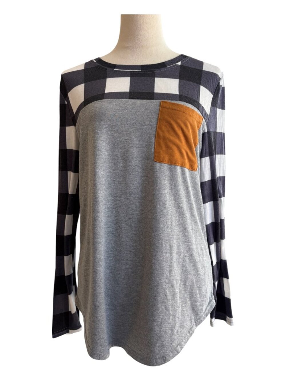 SHEIN Buffalo Plaid Colorblock Top w/ Suede Pocket - L (2718-1)